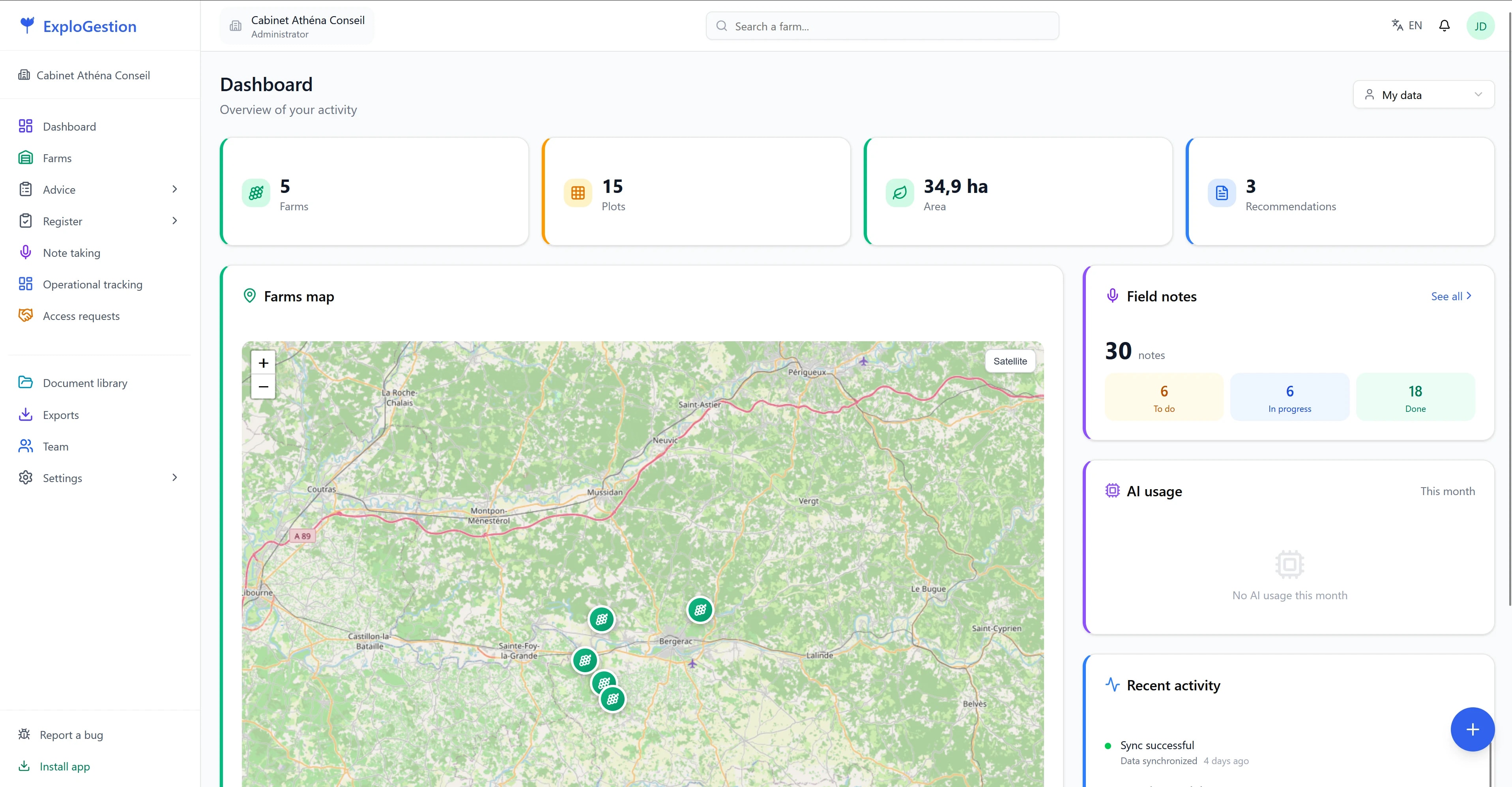 ExploGestion dashboard: farms map and advisory firm metrics