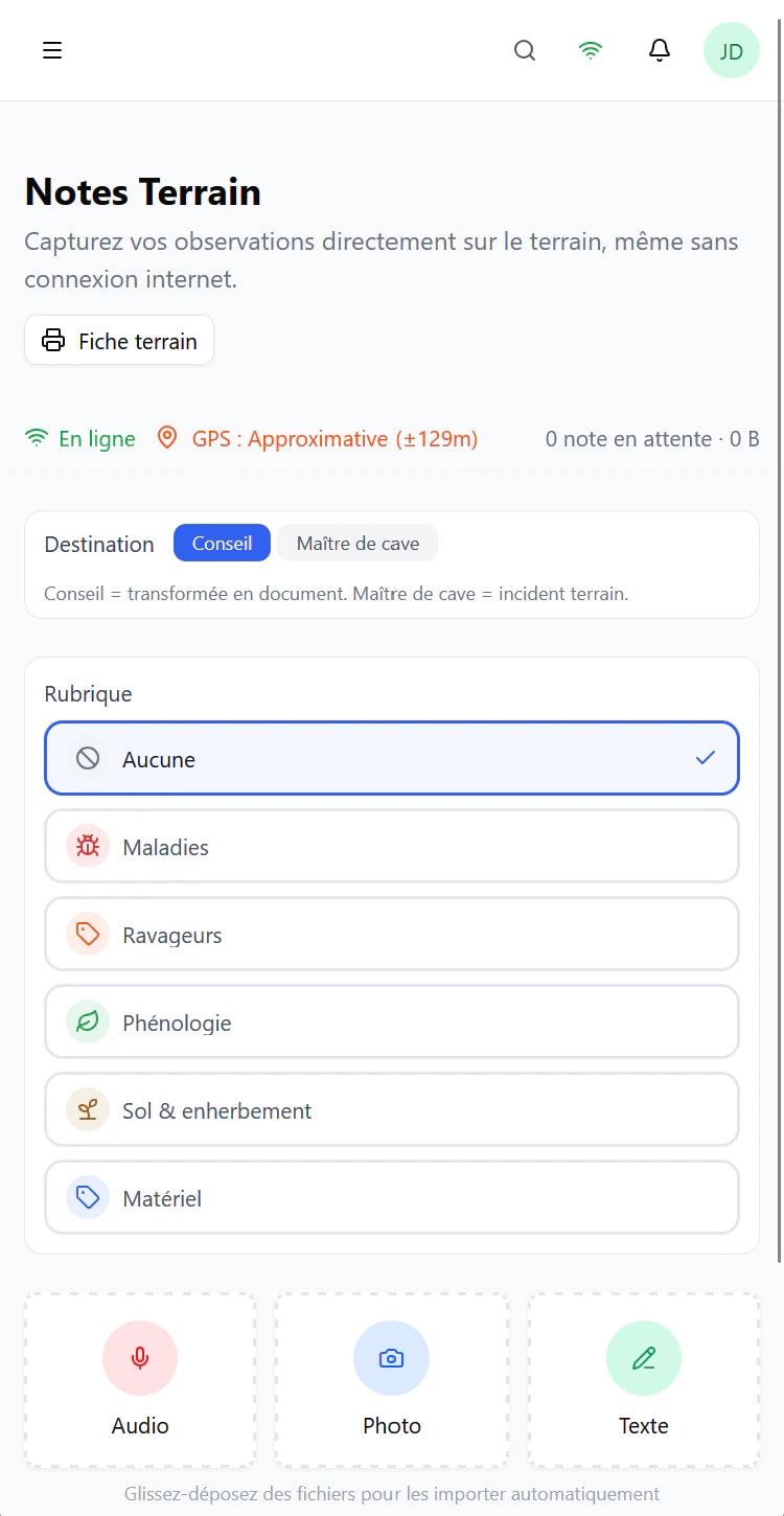 Notes terrain ExploGestion sur mobile : capture vocale, photo et texte, même hors-ligne